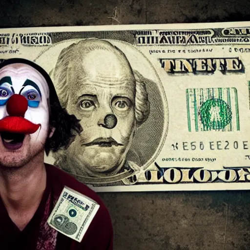 Image similar to A poor clown holding a giant dollar banknote, background is a slum, cinematic, epic, highly-detailed