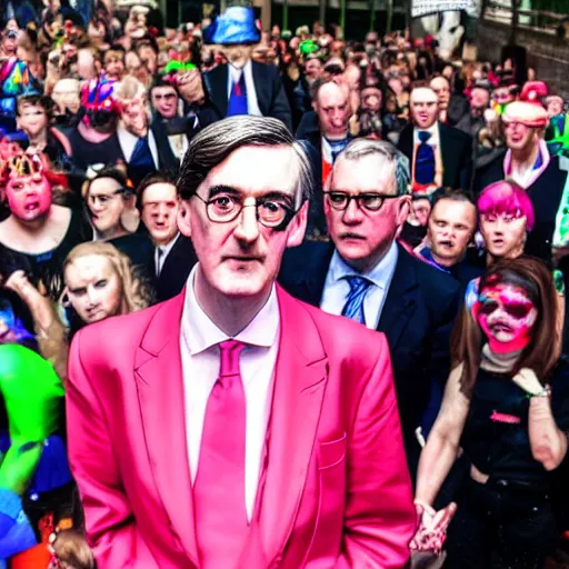 Prompt: jacob rees - mogg at a rave surrounded by dayglo ravers, dramatic angle