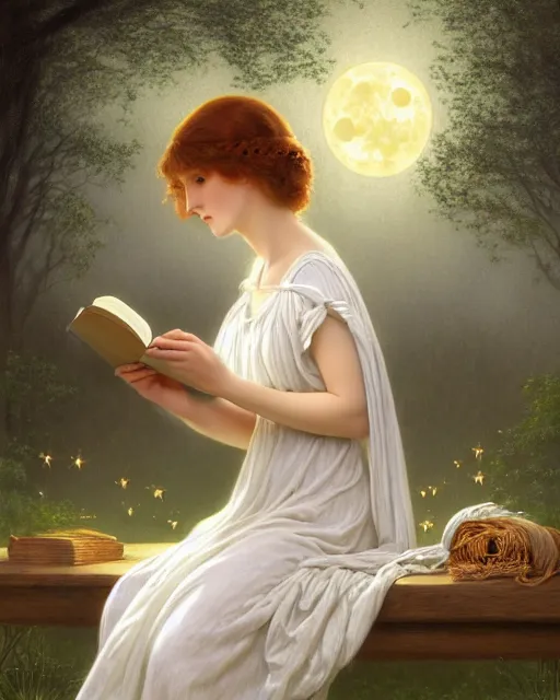 Image similar to a girl in white nightgown reading a book by the river, a full moon on the horizon, dark starry sky, golden orbs and fireflies, illustration, dramatic lighting, art nouveau, highly detailed face, 8 k, hd, by edmund blair leighton, brom, charlie bowater, trending on artstation, faces by tom bagshaw, sargent