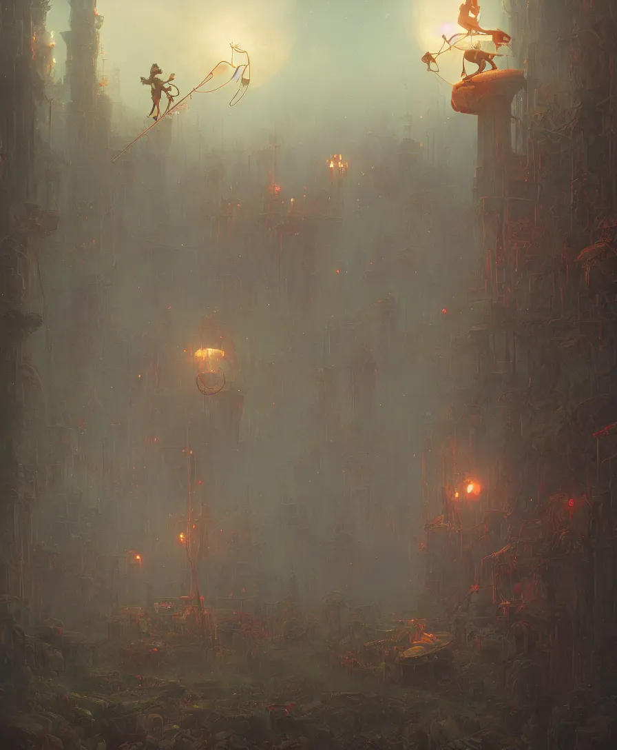 Prompt: circus afterlife, illustrated by Simon Stålenhag and Gaston Bussiere, 35mm lens, wide angle, beautiful volumetric lighting style atmosphere, intricate, ultra detailed, photorealistic, trending on artstation 8k