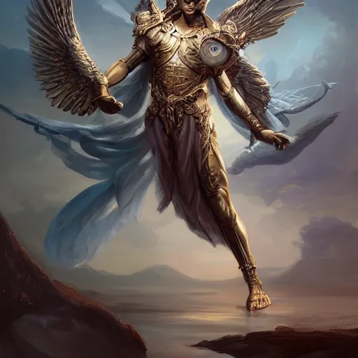 Prompt: full body shot of a male god with wings on his shoulder, highly detailed, by raymond swanland and peter mohrbacher, digital paint, rule of third, fantasy, elegant, matte, 4 k, cinematic lighting