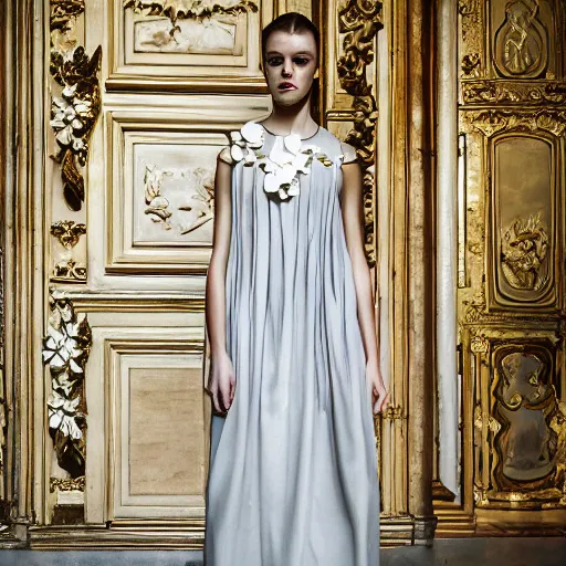 Image similar to Young lady full length shot wearing valentino resort simple sleeveless dress pale grey and white flowers in the style of baroque realism standing inside lourve, 8K, background renaissance paintings with gold