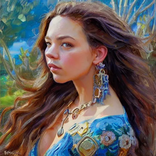 Image similar to sydney sweeney with wooden jewelry, mediterranean features, fantasy character portrait by Michael Garmash, Donato Giancola