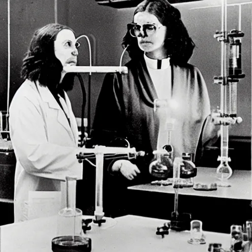 Image similar to a female professor and jesus in a university chemistry lab, running the experiment that proofs jesus transubstantiation ; surrealistic