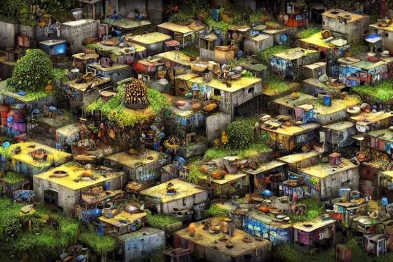 Image similar to favela fungal beehive, diseased environment, industrial factory, cheerful, award winning art, epic dreamlike fantasy landscape, ultra realistic,