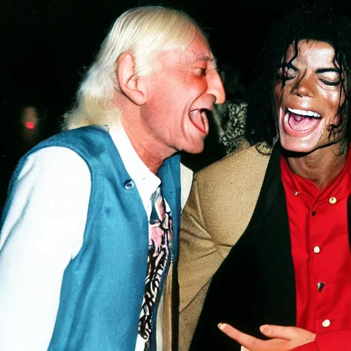 Image similar to jimmy saville and michael jackson laughing with reptilians