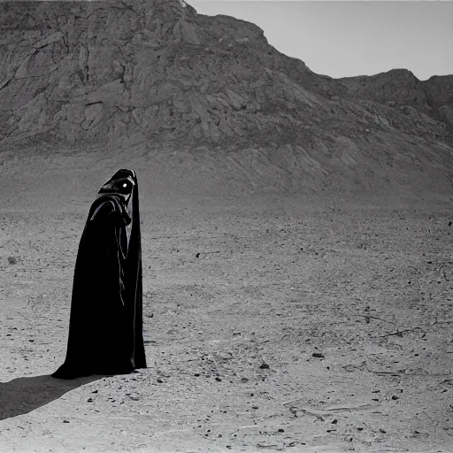 Prompt: a man wearing a long cloak and gasmask, in the desert, film still, arriflex 35