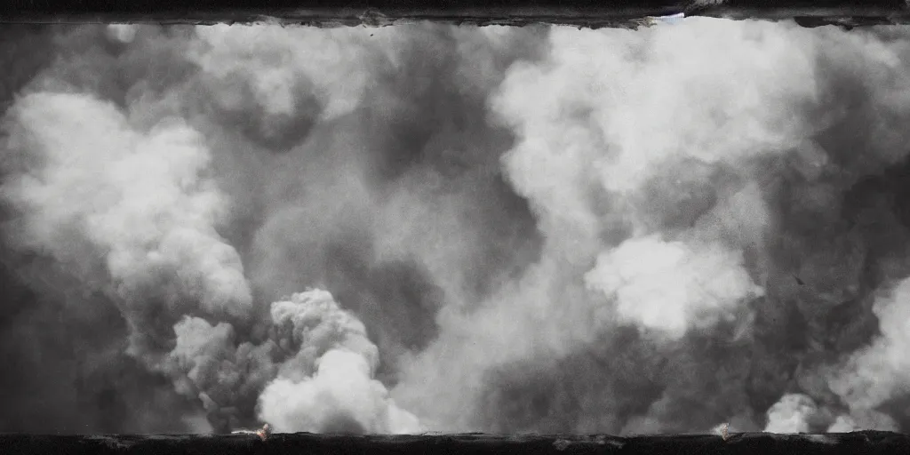 Prompt: large explosions clouds of smoke fireballs, aerial view tintype photograph