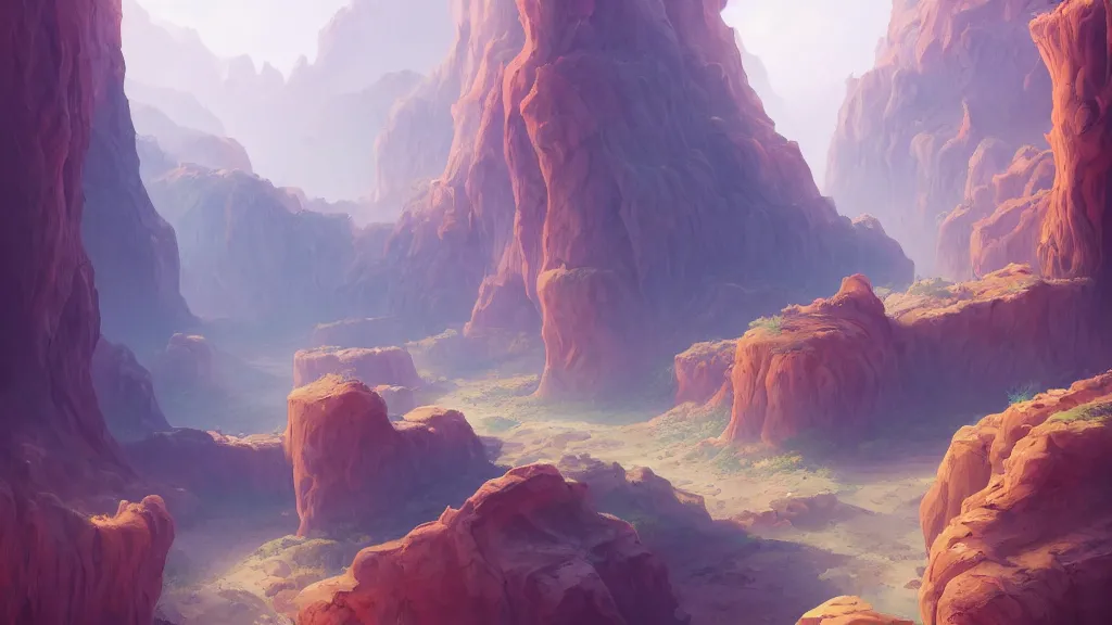 Prompt: an ancient arid prehistoric canyon, by sylvain sarrailh, rossdraws, ambient light, ultra detailed, fantasy artwork, 8 k, volumetric lighting, trending on artstation, award winning, beautiful scenery