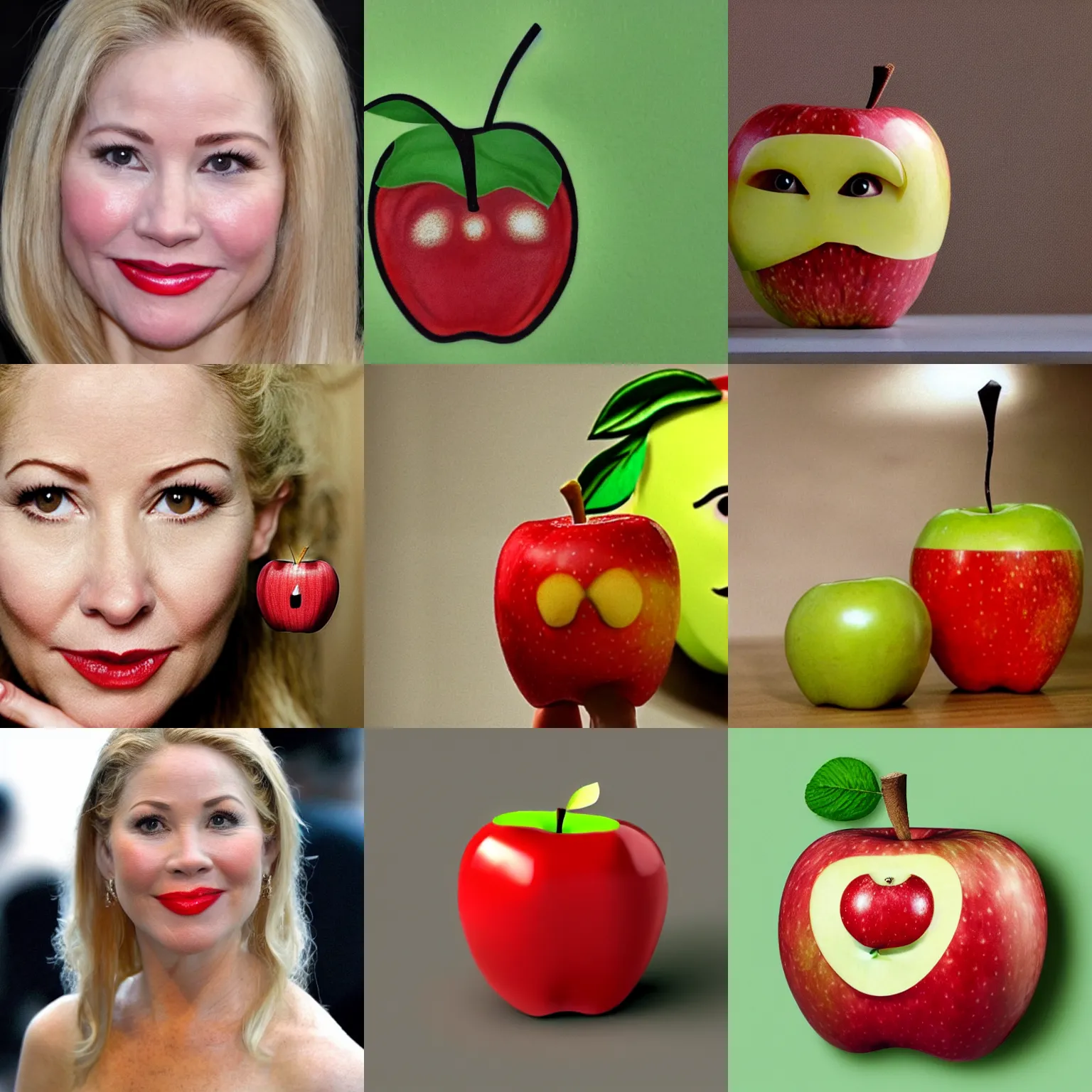 Prompt: an apple with a face looking like christina applegate realistic