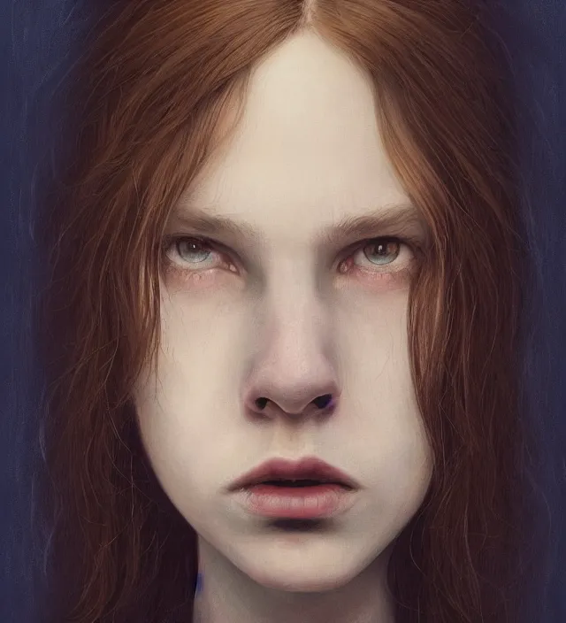 Prompt: portrait of shy american teenage fantasy witch, grzegorz rutkowski, symmetry, deep dark forest, dramatic lighting, moody, directional lighting, awkward, intelligent, contemplative, frizzy brown hair, volumetric lighting, symmetrical face, pale scottish girl, nervous, art by alasdair gray, brown hair, sad blue eyes, trending on artstation