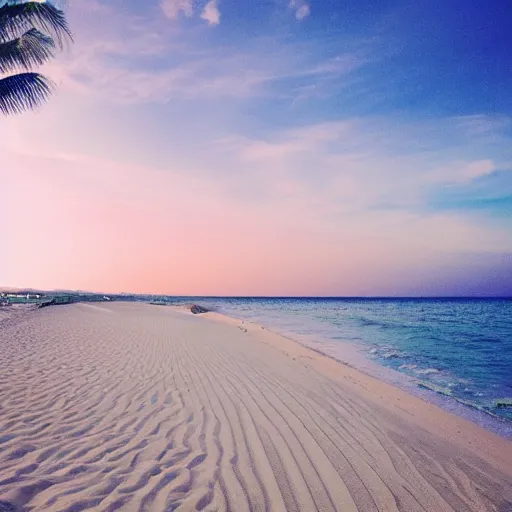 Image similar to aesthetic white sand beach with pink palm trees and light blue water, daylight, day, godrays, beautiful, calm place, aesthetic