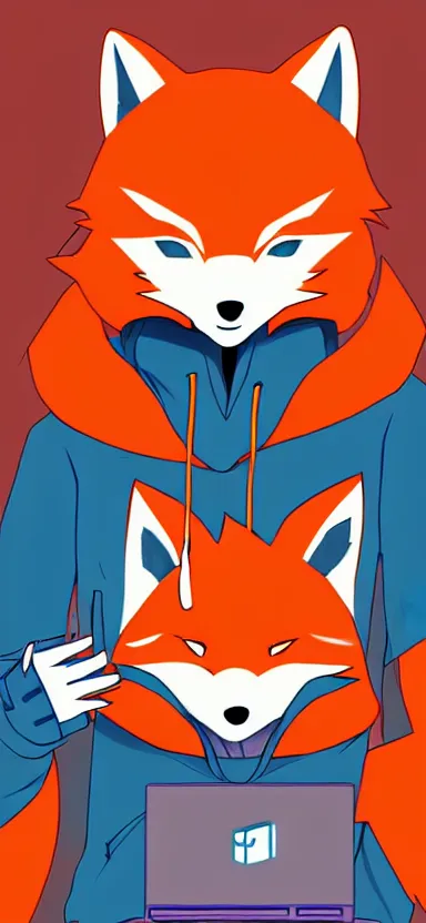 Prompt: an anime art of anthropomorphic fox in a blue hoodie hacking a portable computer, artstation, digital art, oc commission, style by riot team, high detailed, stylised