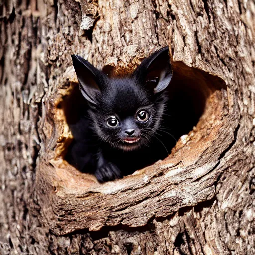 Image similar to a bat kitten, in a tree, 200m f8