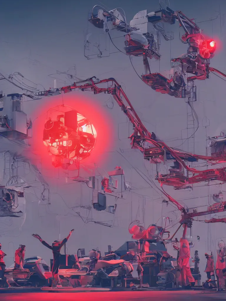 Prompt: graphic art of dystopian futuristic 1 0 mechanic surgeons astronauts, operate on a huge mickeymouse!!! severedhead!!!! held by a crane. ominous glowing red netflix!!! sign in the background, trending on art station, beeple!!, clean concept art, smooth, octane render, minimal, brain exposed