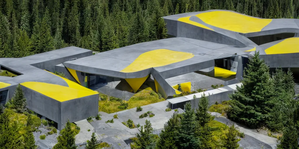 Prompt: large futuristic residence, gray concrete, yellow metal pipes, many large green windows, pacific northwest, triangular elements