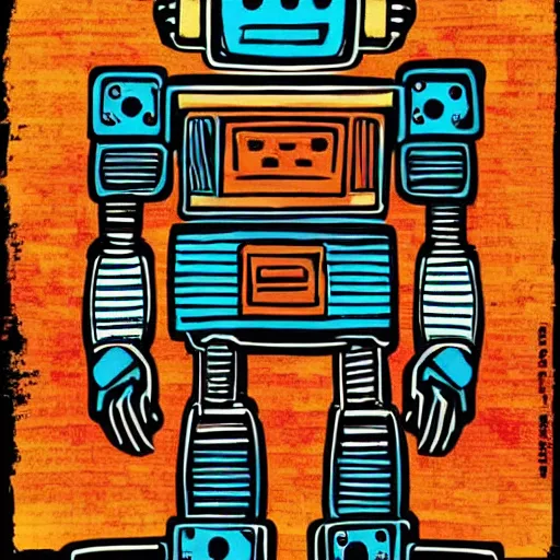 Prompt: colorful robot woodcut print by Julie De Graag