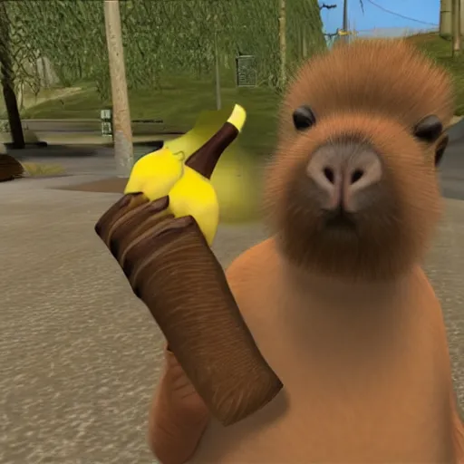 Prompt: capybara with a banana on its head . screenshot from half-life game