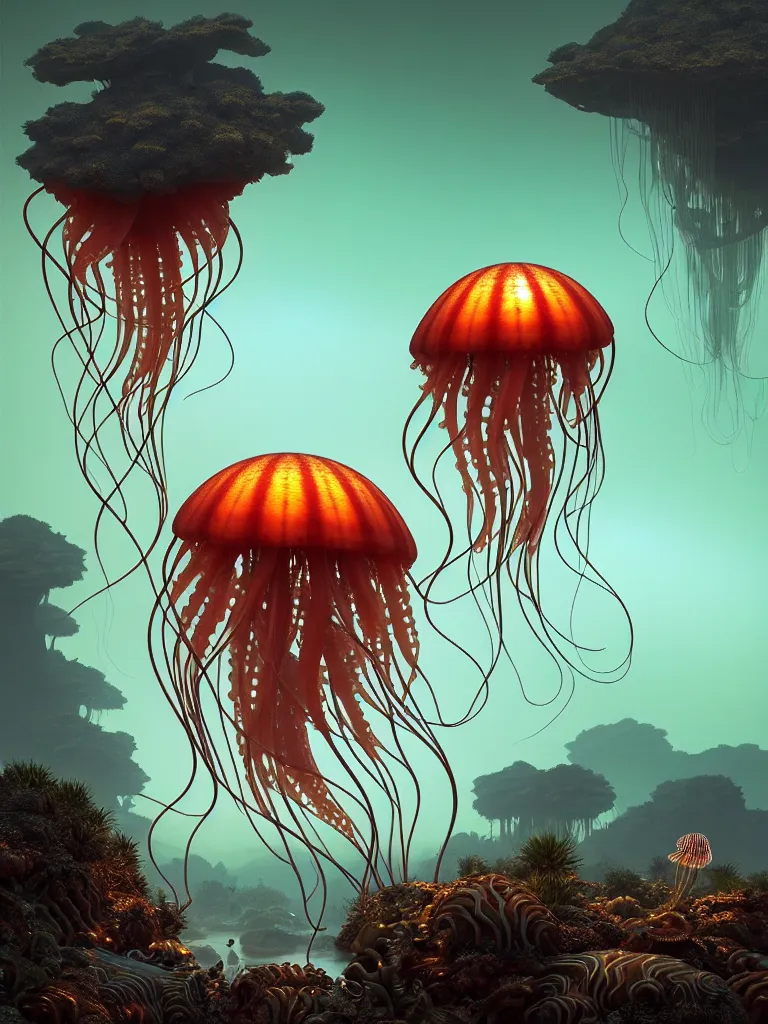 Prompt: creature octo jellyfish in a desert lush vegetation, warm tones, night, water reflection, bioluminescent translucent : : by michal karcz, daniel merriam, victo ngai and guillermo del toro : : ornate, dynamic, particulate, intricate, elegant, highly detailed, centered, artstation, smooth, sharp focus, octane render, 3 d