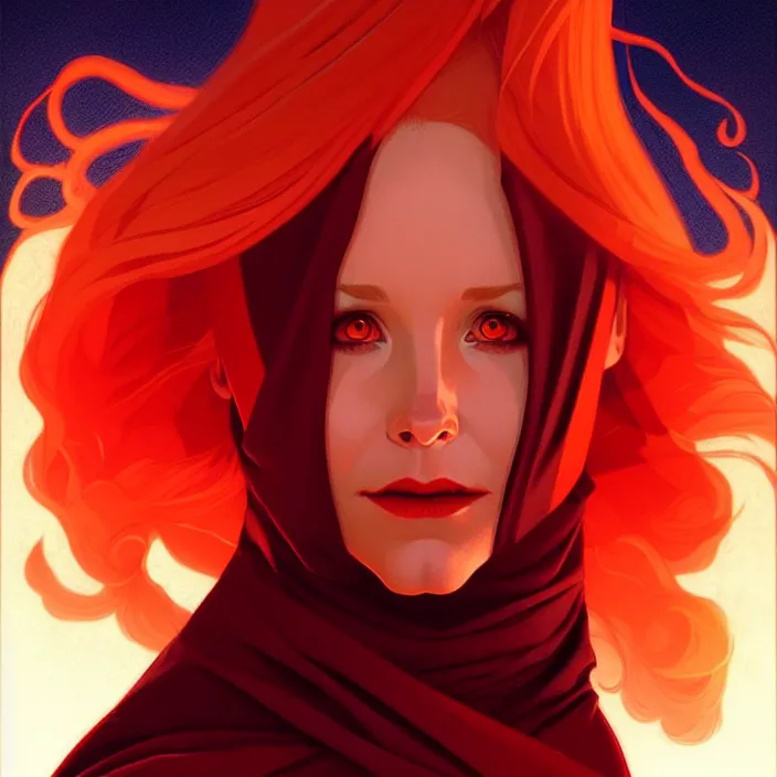 Image similar to style artgerm, joshua middleton, gerald brom, beautiful kristen bell with dark red dress, very long orange hair, symmetrical face, symmetrical eyes, fire powers fire swirling, detailed, volcano setting, cinematic lighting