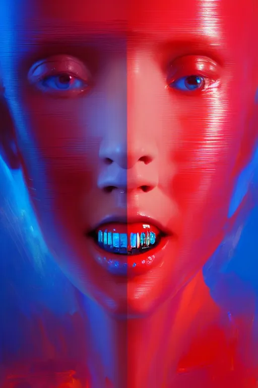 Image similar to 3 d, sci - fi, morning, smiling fashion model face, sun, lightning clouds, vogue cover style, light red and deep blue mood, cinematic, realistic painting, intricate oil painting, high detail, figurative art, multiple exposure, poster art, 3 d, by stanley kubrick and tooth wu and wlop and beeple and greg rutkowski