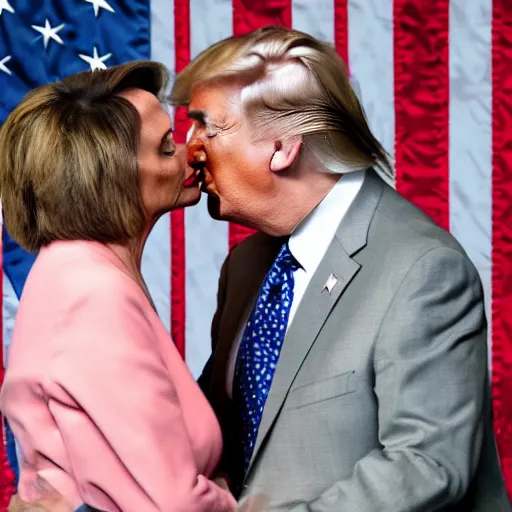 Prompt: Donald trump French kissing Nancy pelosi, realistic