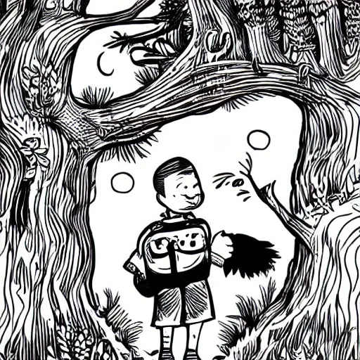 Prompt: mcbess illustration of a little boy with a backpack in a forest