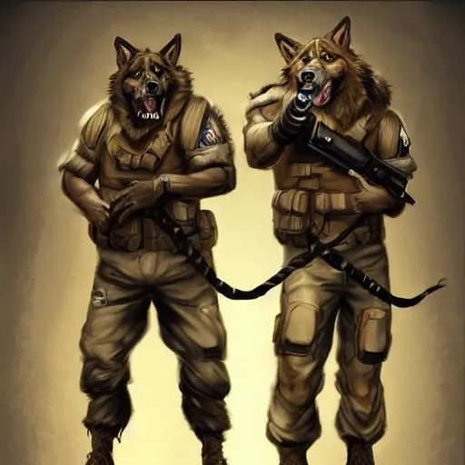 Image similar to two humanoid german shepherds beast - men in military style, they holding a beer, artstation, concept art, smooth, sharp foccus ilustration, artstation