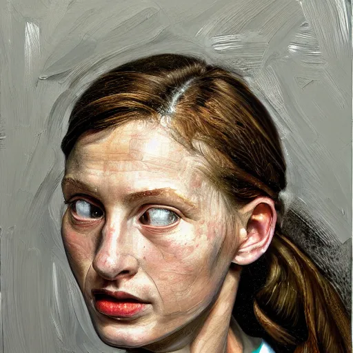 Image similar to high quality high detail painting by lucian freud, hd, 2 7 year old girl portrait, photorealistic lighting