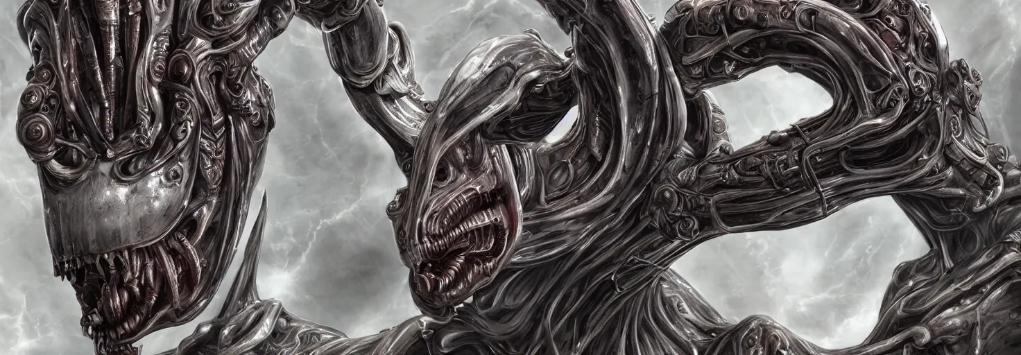 Image similar to engineer alien bood face by Artgerm, xenomorph alien, highly detailed, symmetrical long head, blood color, smooth marble surfaces, detailed ink illustration, raiden metal gear, cinematic smooth stone, deep aesthetic, concept art, post process, 4k, carved marble texture and silk cloth, latex skin, highly ornate intricate details, prometheus, evil, moody lighting, hr geiger, hayao miyazaki, indsutrial Steampunk
