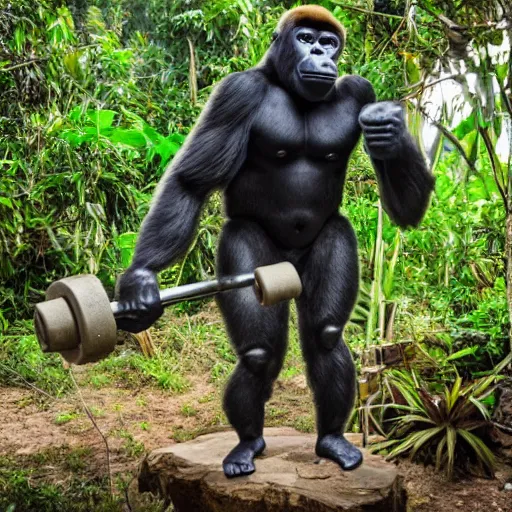 Image similar to gorilla lifting weights in the jungle