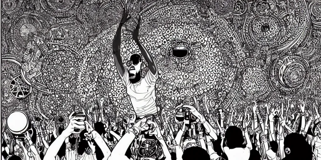 Prompt: intricate detailed artwork of a futuristic dj black coffee playing in Ibiza in front of thousands of beautiful female women dancing , in the style of Geof Darrow, no hair, sunglasses, beard, wires, speakers, neon