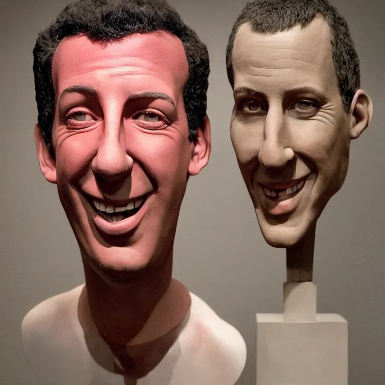 Prompt: beautiful studio photograph of colorful postmodern portrait sculpture of adam sandler smiling, beautiful symmetrical face accurate face detailed face realistic proportions, made of watercolor - painted plaster on a pedestal by ron mueck and matthew barney and greg rutkowski, hysterical realism intense cinematic lighting shocking detail 8 k