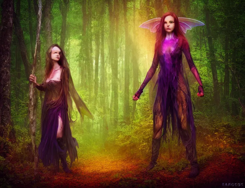 Prompt: faerie ravenfolk woman wandering in the woods. safe for work, complementary colors, professional photography, matte painting, luminescent, 3 d render, 4 k, rimlight.