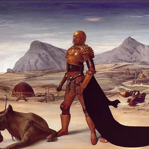 Prompt: Velazquez realistic painting of Gilgamesh the Immortal and the alien from Mars named Utnapishtim, with the Sumerian city-state of Uruk in the background. As photograph.