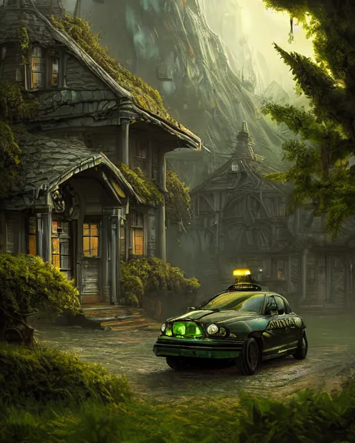 Image similar to xenomorph taxi car in a fantasy village, calming, uplifting mood, ultra realistic, farm, small buildings, highly detailed, atmosphere, masterpiece, epic lighting, elves, green plants, magic, illuminated, 4 k, cinematic, morning sun, art by eddie mendoza and sylvain sarrailh and jonathan berube