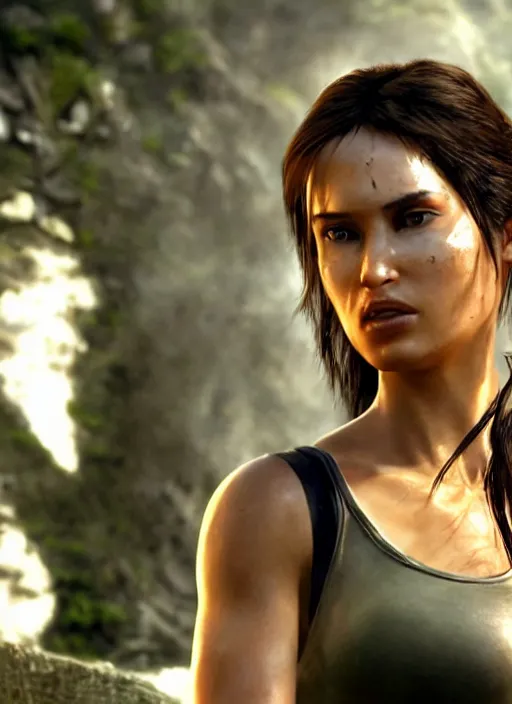 Prompt: a film still of lara croft wearing kimono, her face sweat, direct sun light, close up potrait, dramatic, cinematic,