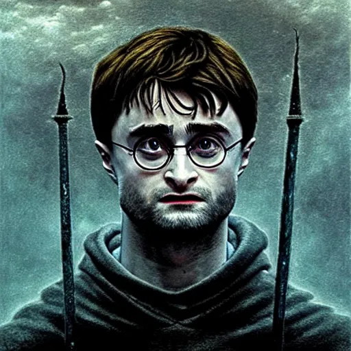 Image similar to Daniel Radcliffe as Harry Potter in style of Beksinski, eldritch priest, mage