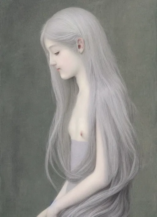 Image similar to thin young wan beautiful angel, silver hair so long, pale!, long silver hair, silver angel wings, smooth skin, wan adorable korean face, silver hair!!, style of fernand khnopff and lucien levy - dhurmer, oil on canvas, 1 8 6 2, 4 k resolution, aesthetic!,