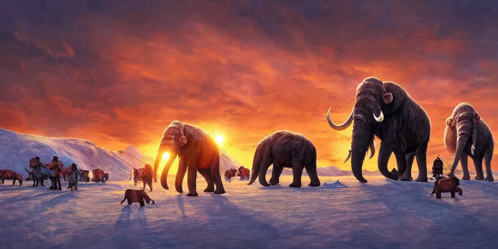 Prompt: digital art, trending on artstation, sunset at the north pole with some mammoths in the background walking while a meteorite falls
