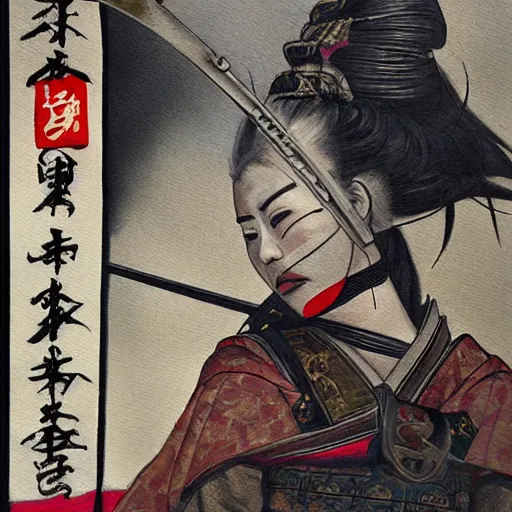 Image similar to a samurai woman on top of a building in japan in broad daylight and her sword smeared with blood, her face fixed and frightening, ultra detailed painting, dynamic light, expressions, cinematic