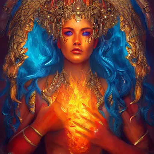 Image similar to A stunning painting of a fire goddess by Andrews Esao, fantasy, Trending on artstation.