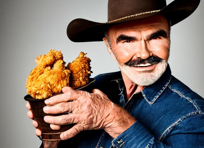 Image similar to studio portrait photo still of 3 0 year old burt reynolds at age 3 0 3 0 years old!!!! wearing a cowboy hat holding a bucket of fried chicken, 8 k, 8 5 mm f 1. 8, studio lighting, rim light, right side key light