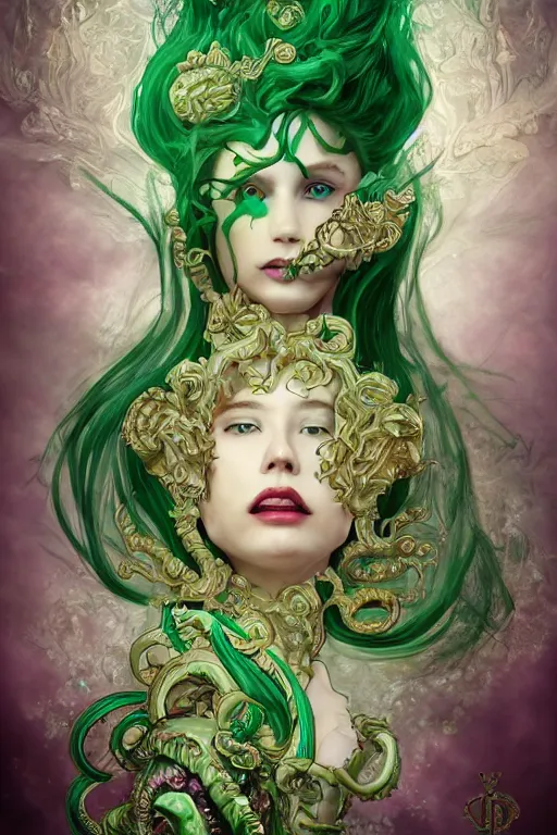 Prompt: rococo upper body portrait sigil with the intent of conquering the world lovecraftian undead zombie queen, green hair, bytian zi and wlop and alphonse mucha ornaments and gems hdr 8 k 3 d dslr hdr trending on artstation rendered with cryengine