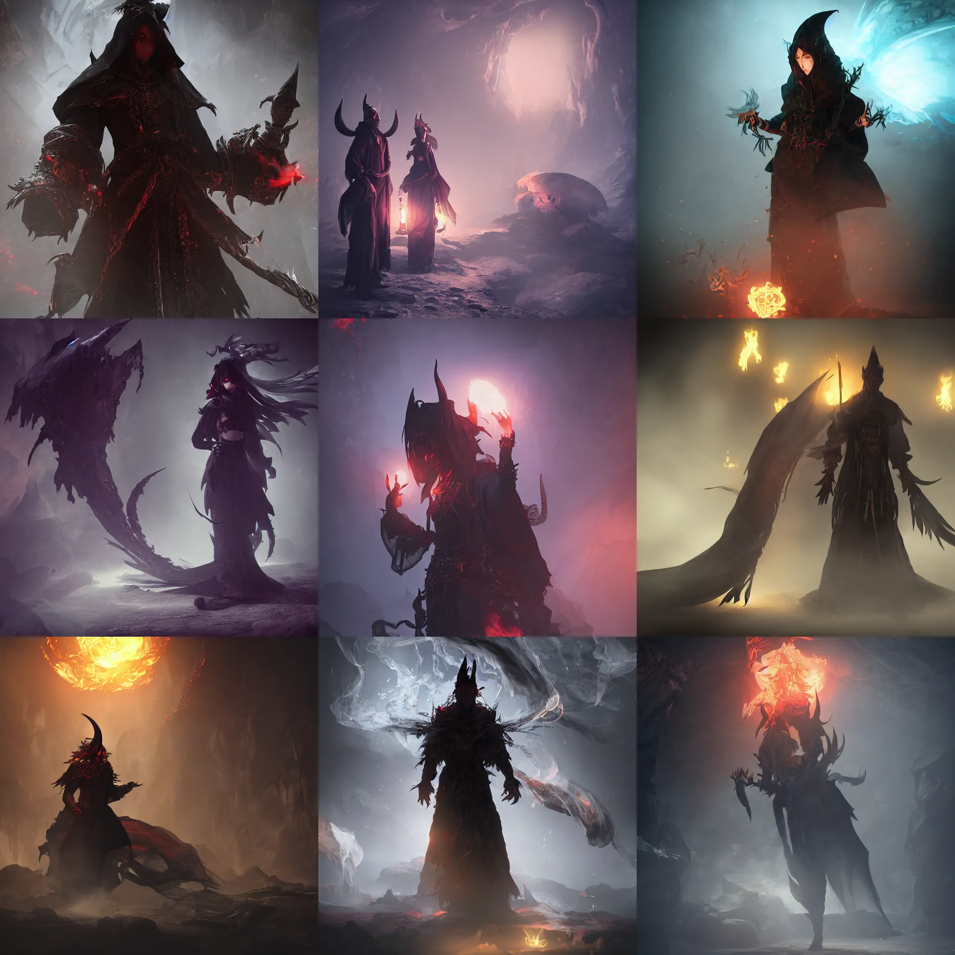 Prompt: character design oriental mysterious dark mage devil underworld black smoke atmospherical octane rendering highly detailed volumetric lighting