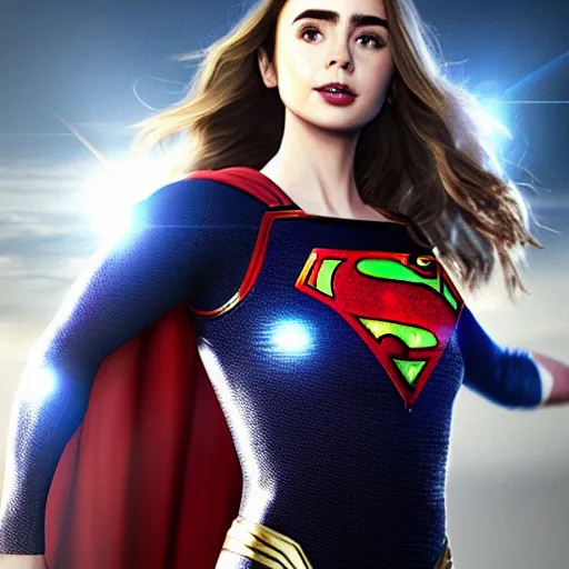 Prompt: a potrait of Lily Collins as Supergirl with man of steel suit style by Greg Rutkowski, Sung Choi, Mitchell Mohrhauser, Maciej Kuciara, Johnson Ting, Maxim Verehin, Peter Konig, 8k photorealistic, cinematic lighting, HD, high details, dramatic, trending on artstation, full body shot