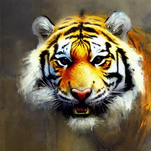 Image similar to tiger and crocodile hybrid animal, painting by jeremy mann