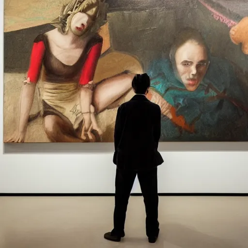 Image similar to art curator looking bored at paintings of a screen with a chat interface, in the style of grand chamaco and stanley kubrick, inspired by die antwoord, photorealistic, epic, super technical, cinematic still