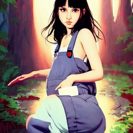 Image similar to a beautiful young japanese natalie portman alluring gravure model, anime art, wearing elegant designer overalls, elegant overalls with mesoamerican patterns, mesoamerican native street fashion, princess mononoke, painted by jamie hewlett and ashley wood, aesthetic, gorgeous, stunning, alluring, attractive, artstation, pinterest, digital art