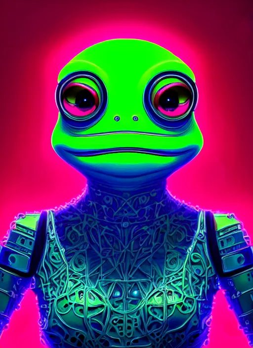 Prompt: portrait of pepe the frog cyber android, intricate, elegant, cyber neon lights, highly detailed, digital painting, cinema 4 d, glamor pose, concept art, smooth, sharp focus, illustration, art by artgerm and greg rutkowski